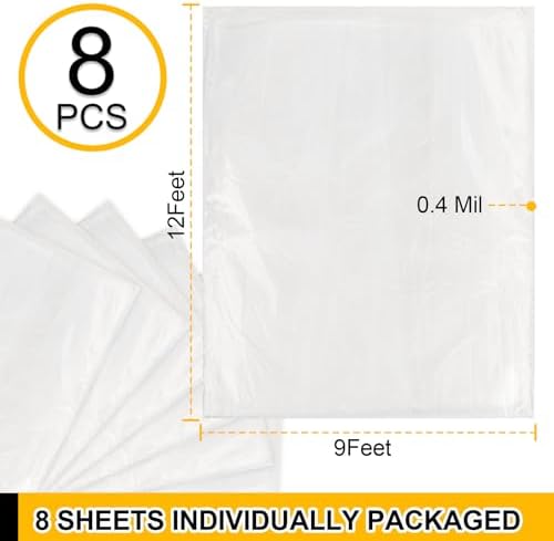 ZENOWICK 8 Pack Plastic Drop Cloth, 9x12 Ft Plastic Sheeting - Image 2