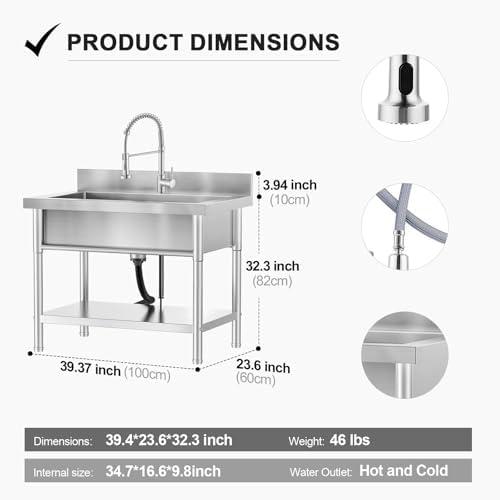 40" Stainless Steel Freestanding Utility Sink - Image 2