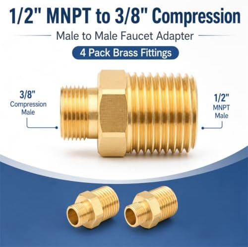 2 Pack 1/2" MNPT to 3/8" Compression Brass Faucet Adapter - Image 2
