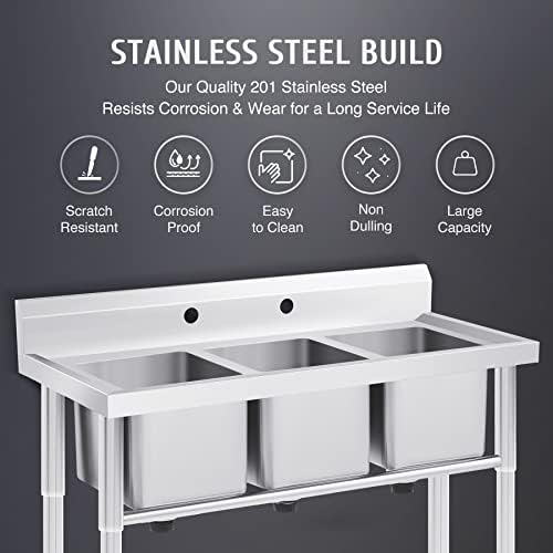 WILPREP NSF Stainless Steel 3 Compartment Commercial Sink 11x10x10 Inch Basins - Image 3