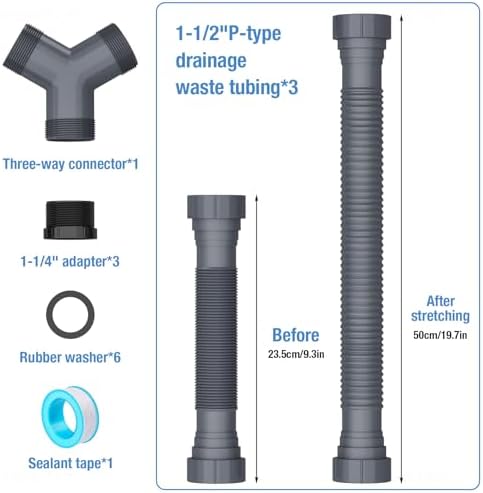 NiHome Double Kitchen Sink Drain Kit, Flexible P-Trap 1-1/2" 1-1/4" w/Tape - Image 4