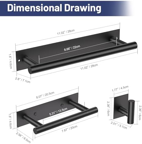 Lairuier Matte Black Bathroom Hardware Set, Adhesive or Screw Wall Mounted - Image 6
