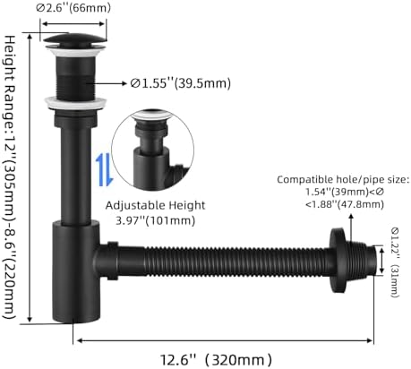 Bathroom Sink P-Trap Complete Set Adjustable Threaded Tube 1-1/4 Bottle Trap - Image 2