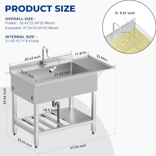 Foldable Utility Sink, Stainless Steel - Image 6