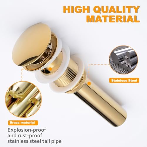Gold Brass Pop Up Stopper with Overflow, Bathroom Vessel Sink Drain - Image 2