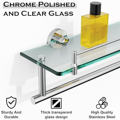 24-Inch Towel Rack with Shelves Tempered Glass Bathroom Shelves with Bar - Image 5