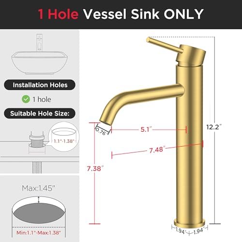FORIOUS Vessel Tall Bathroom Faucet 1 Hole Brushed Gold Single Handle - Image 3