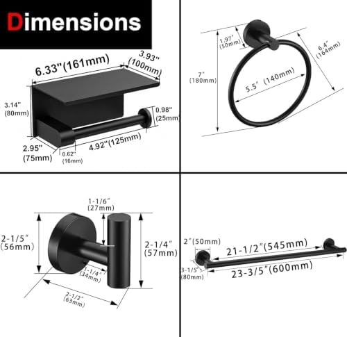 5 Pieces Matte Black Bathroom Hardware Accessories Set, 24 Inch SUS304 - Image 2