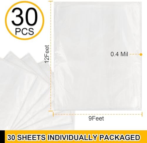 ZENOWICK 30 Pack Plastic Drop Cloth, 9x12 Ft Plastic Sheeting - Image 2