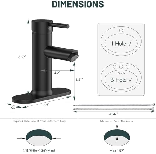 Bathroom Faucet for 1 or 3 Holes, Matte Black - Image 2