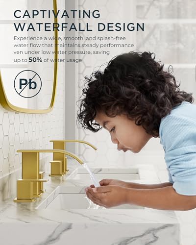 FORIOUS Bathroom Faucet Waterfall 3 Hole 8 Inch Widespread Brushed Gold - Image 3
