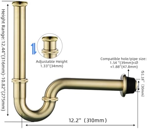 Bathroom Basin Sink Bottle P Trap, Brass U-Shape 1-1/4 inch Slip Inlet Drain - Image 3