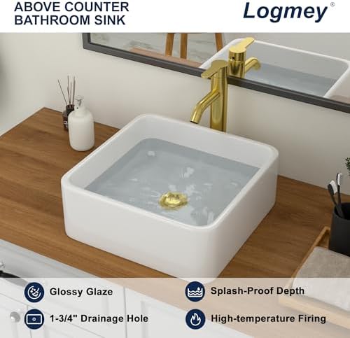 Logmey 15x15 Small Square White Vessel Sink, Smooth Glaze & Durable Porcelain - Image 6