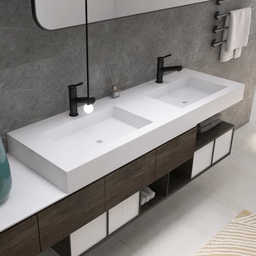 59" Wall Mount Sink Matte Bathroom Vanity Vessel Sinks Artificial Stone by MEDUNJESS