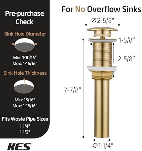 KES Pop Up Sink Drain Stopper Without Overflow, Brushed Gold 2 Pack - Image 5
