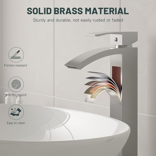 Brushed Nickel Vessel Sink Faucet, Waterfall Bathroom Faucets - Image 4