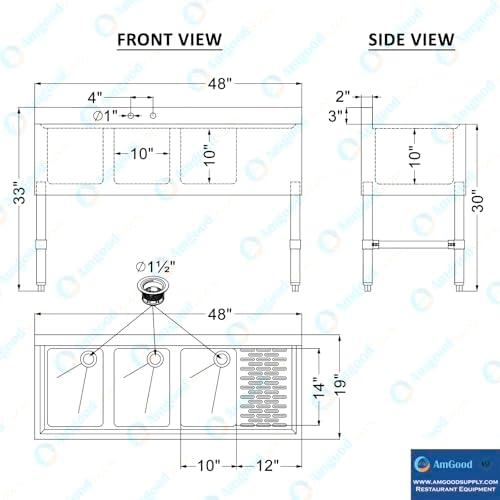 AmGood 48 in. x 18-3/4 in. Three Compartment Under Bar Sink - Image 4
