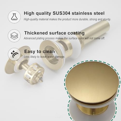 VOTON Brushed Gold Pop Up Bathroom Sink Drain - Image 6