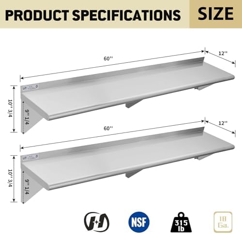 Hally Stainless Steel Shelf 2 Pack Wall Mounted Metal Shelves 12"x60" NSF - Image 3