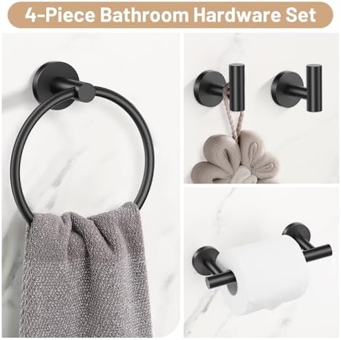 Matte Black Bathroom Hardware Set, Toilet Paper Holder, Towel Ring & Hooks - Image 2