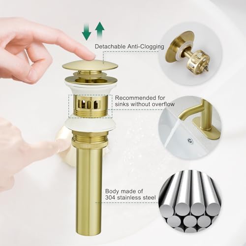 VOTON Brushed Gold Pop Up Bathroom Sink Drain - Image 2