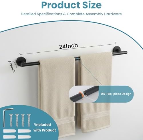 Towel Bar, 24 Inch Towel Racks for Bathroom Wall Mounted, SUS304 Stainless - Image 2