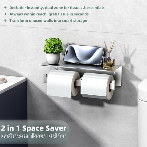 APLusee Dual Roll Toilet Paper Holder, Brushed Nickel, 304 Stainless Steel - Image 2
