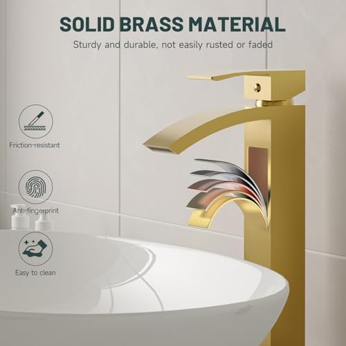 Brushed Gold Vessel Sink Faucet, Waterfall Bathroom Faucets - Image 4