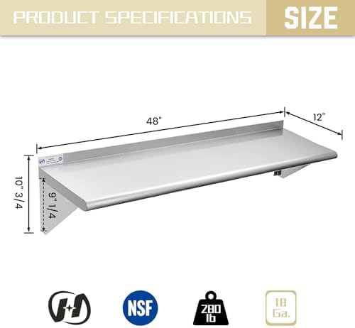 Hally Stainless Steel Shelf 12"x48" NSF Commercial Wall Mount Rack Shelving - Image 3