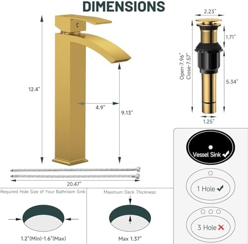 Brushed Gold Vessel Sink Faucet, Waterfall Bathroom Faucets - Image 2