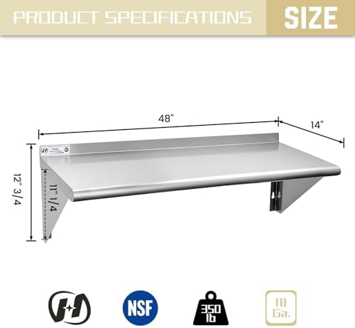 Hally Stainless Steel Shelf 14"x48" NSF Commercial Wall Mount Rack Shelving - Image 3