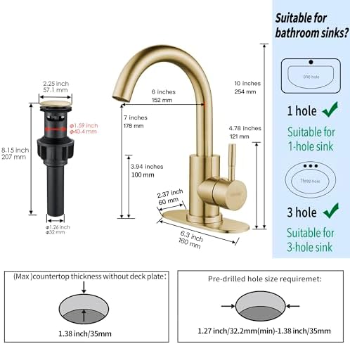 Bathroom Sink Faucet Single Hole Brushed Gold, Modern Single Handle Bathroom - Image 4