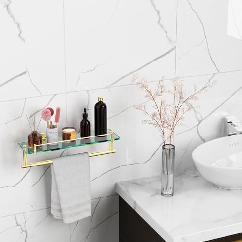 Towel Rack with Shelf 16 Inch, Bathroom Shelf with Towel Bar Tempered Glass - Image 2