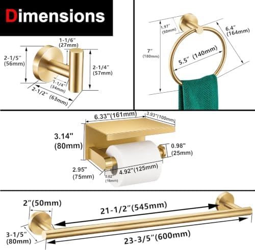 5 Pieces Brushed Gold Bathroom Hardware Accessories Set, SUS304 Stainless Steel - Image 3