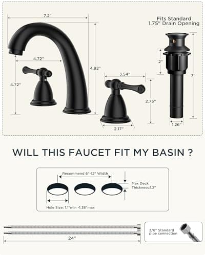 FORIOUS Bathroom Faucet 3 Hole Widespread 8" Sink Faucets Matte Black - Image 2