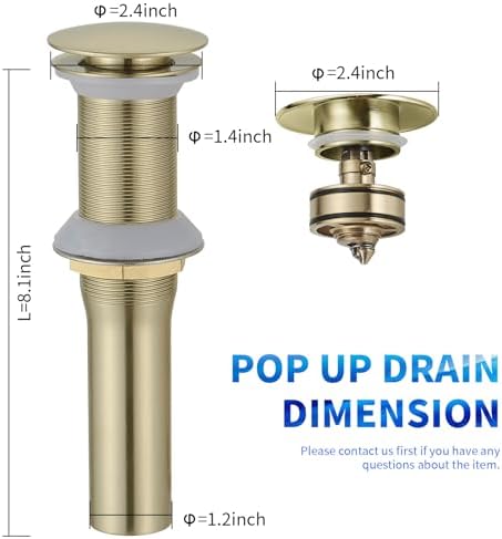 BWE Bathroom Vessel Sink Drain Stopper, No Overflow, Brushed Gold - Image 6