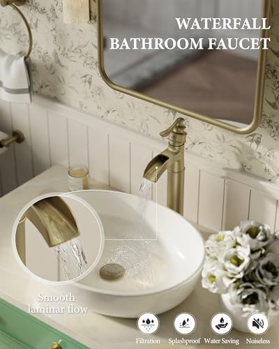Homevacious Vessel Sink Faucet Brushed Gold Waterfall Tall Bathroom Faucet - Image 2