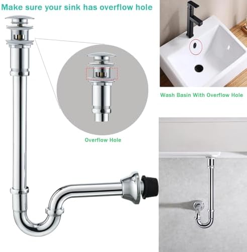 Brass P Trap with Pop Up Drain Stopper With Overflow, U-Shape 1 1/4 Slip Joint - Image 5