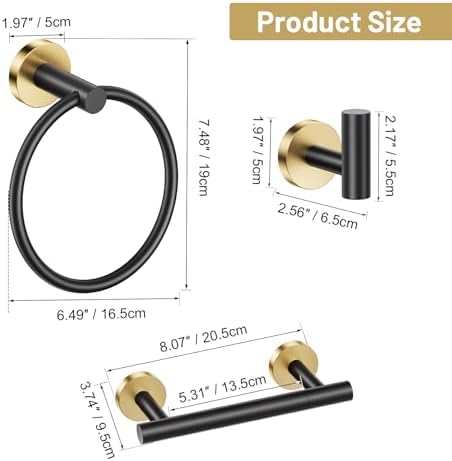 Black Gold Bathroom Hardware Set, Toilet Paper Holder, Towel Ring & Hooks - Image 6