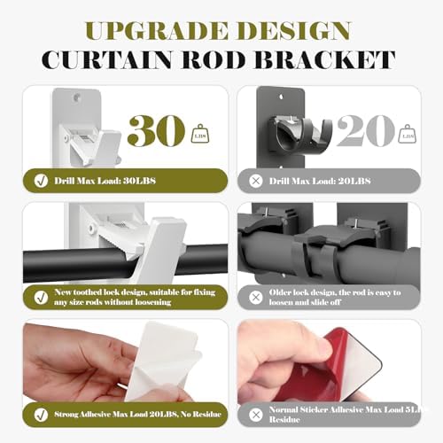 No Drill Curtain Rod Brackets, Universal Curtain Rod Holder, 8 Pack Self - Image 4