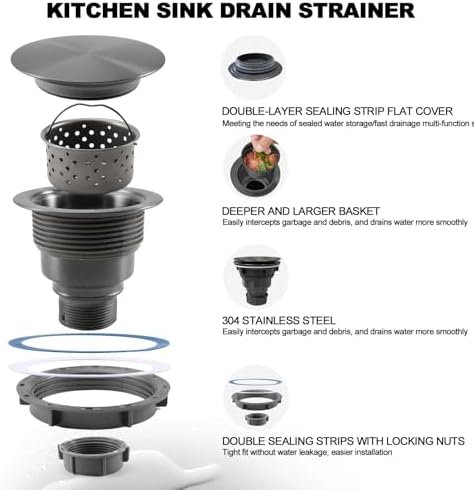 3 1/2" Kitchen Sink Drain Kit Replacement Sink Drain Assembly Removable 304 - Image 5