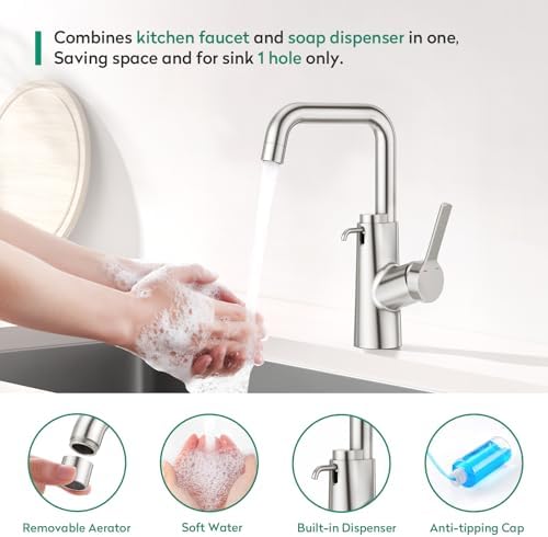 CREA Kitchen Faucets with Soap Dispenser, Swivel Right Angle Spout Bar Sink - Image 3