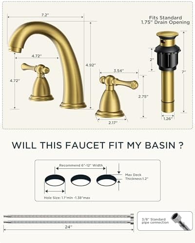 FORIOUS Bathroom Faucet 3 Hole Widespread 8" Sink Faucets Brushed Gold - Image 2