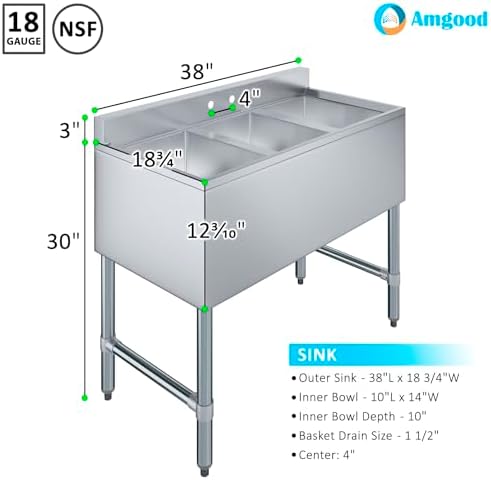 AmGood One Compartment Stainless Steel Under bar Sink - Image 3