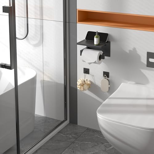 HITSLAM Toilet Paper Holder 4 Hooks Matte Black, Adhesive Mount, No Rotation - Image 3