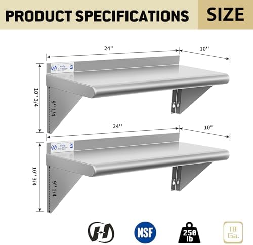 Hally Stainless Steel Shelf 2 Pack Wall Mounted Metal Shelves 10"x24" NSF - Image 3