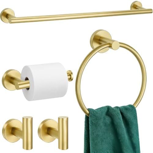 5 Pieces Bathroom Hardware Accessories Set Brushed Gold, 24Inch Bathroom Towel by Delarkusi