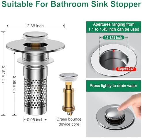 Bathroom Sink Drain Strainer, Universal Pop-Up Sink Stopper Hair Catcher - Image 2