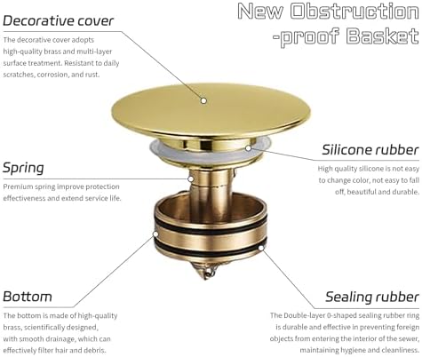 BWE One-Piece Pop-Up Sink Drain, Brushed Gold, - Image 2