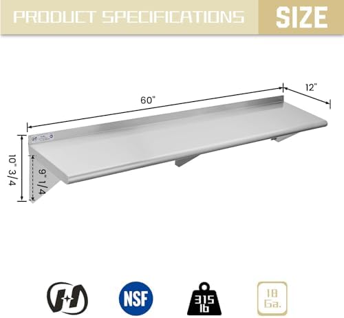 Hally Stainless Steel Shelf 12"x60" NSF Commercial Wall Mount Rack Shelving - Image 3